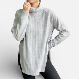 LL Bean Signature Womens Waffle Knit Top Size S Mock Neck Long Sleeve Tunic Gray